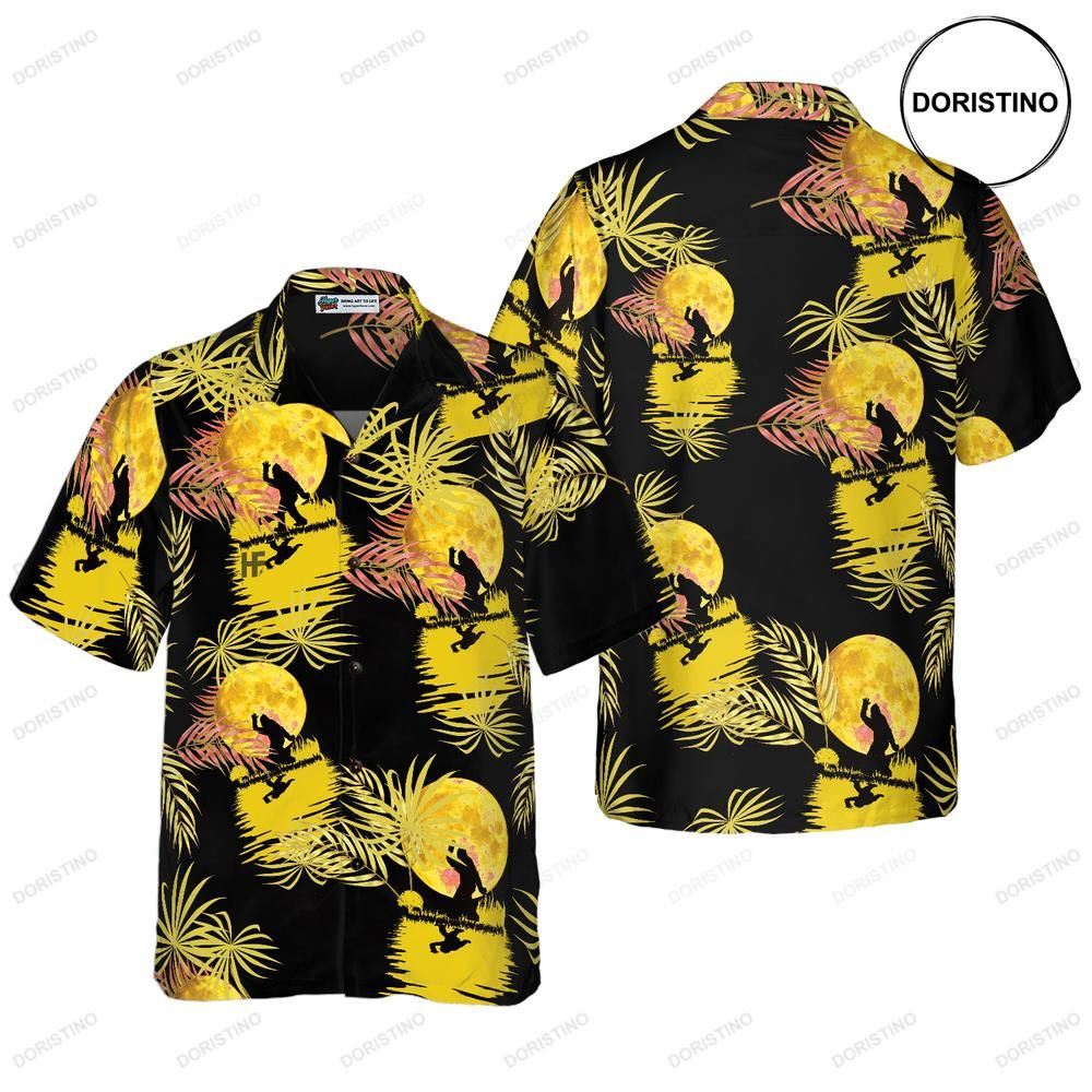 Bigfoot Tropical Yellow Moon Bigfoot Black And Yellow Moonlight Bigfoo For Men Awesome Hawaiian Shirt