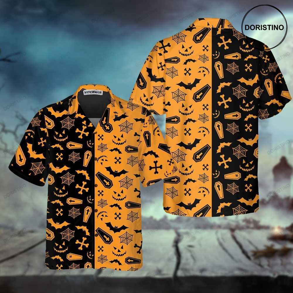 Black And Orange Spooky Halloween Halloween Seamless Pattern Best Halloween Gif Awesome Hawaiian Shirt