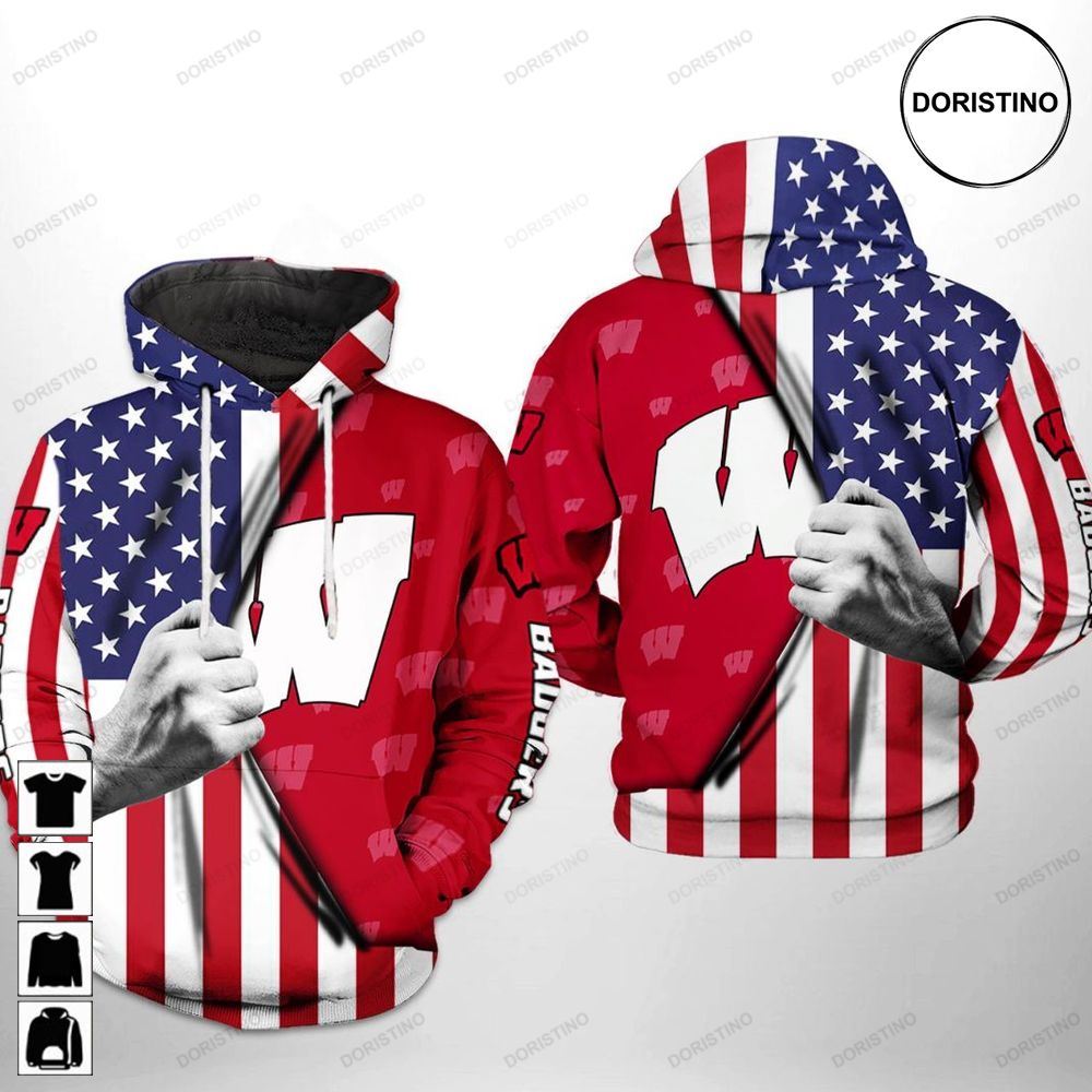 Wisconsin Badgers Ncaa Us Flag Awesome 3D Hoodie