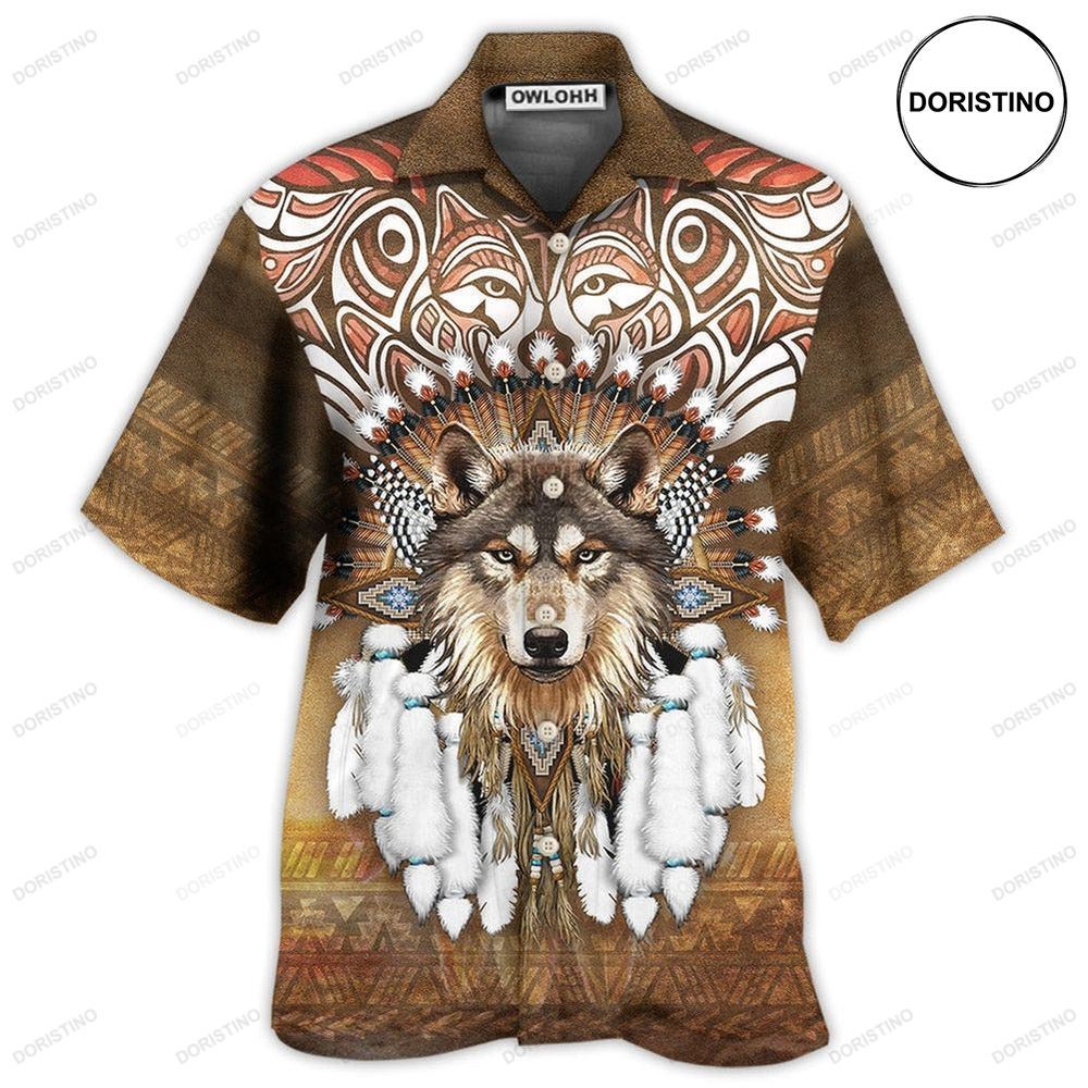 Native Feather Wolf King Hawaiian Shirt
