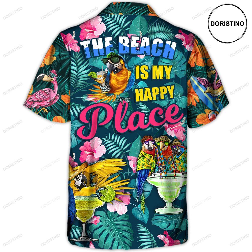 Parrot Funny Drinking Cocktails The Beach Is My Happy Place Tropical Limited Edition Hawaiian Shirt