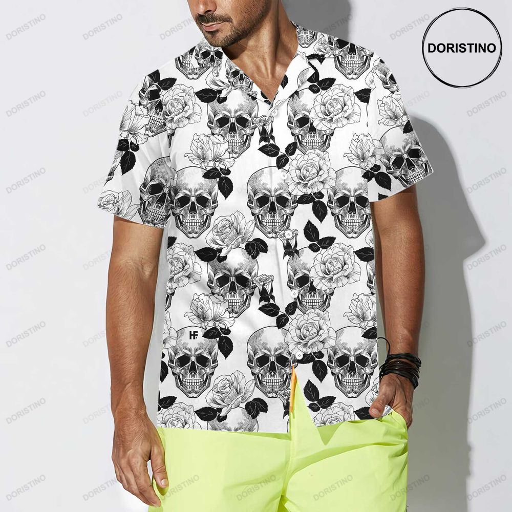 Black And White Skull Roses Seamless Pattern Skull Awesome Hawaiian Shirt