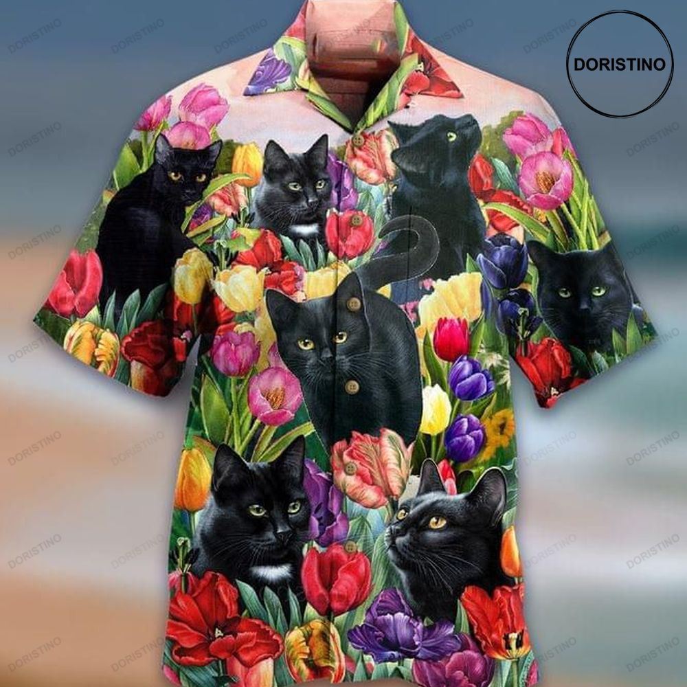 Black Cat Tropical Flowers Print Limited Edition Hawaiian Shirt