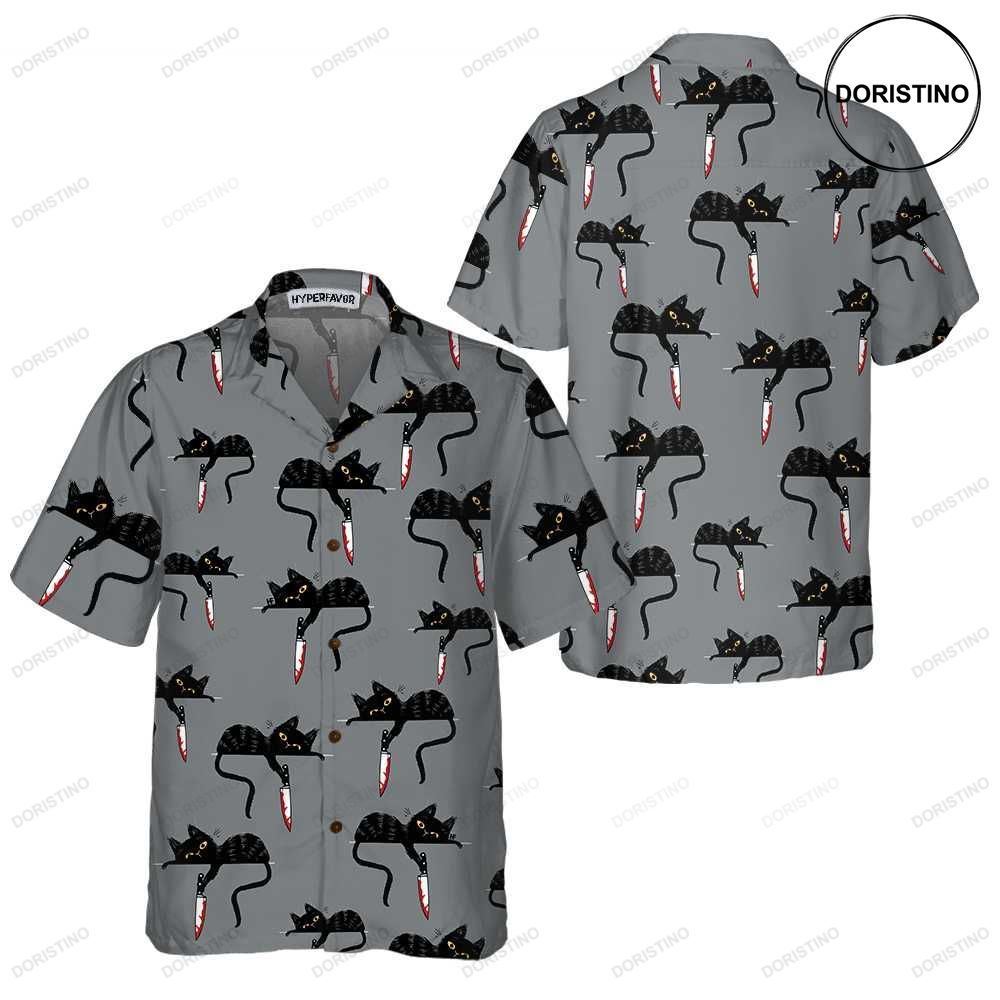 Black Cat With Knife Funny Black Ca For Adults Cat Themed Gift For Cat Lovers Hawaiian Shirt