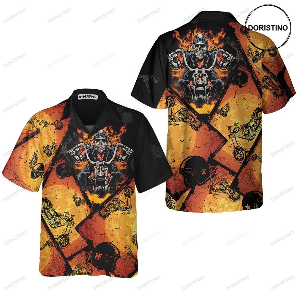 Black Orange Layout Skull Biker Motorcycle Flame Skull Motorcycle Gift For Bike Hawaiian Shirt