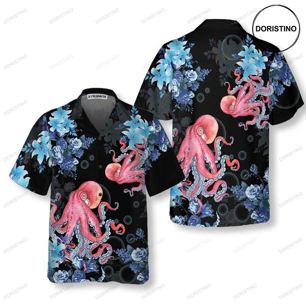 Blue Floral And Octopus Short Sleeve Octopus For Men Hawaiian Shirt