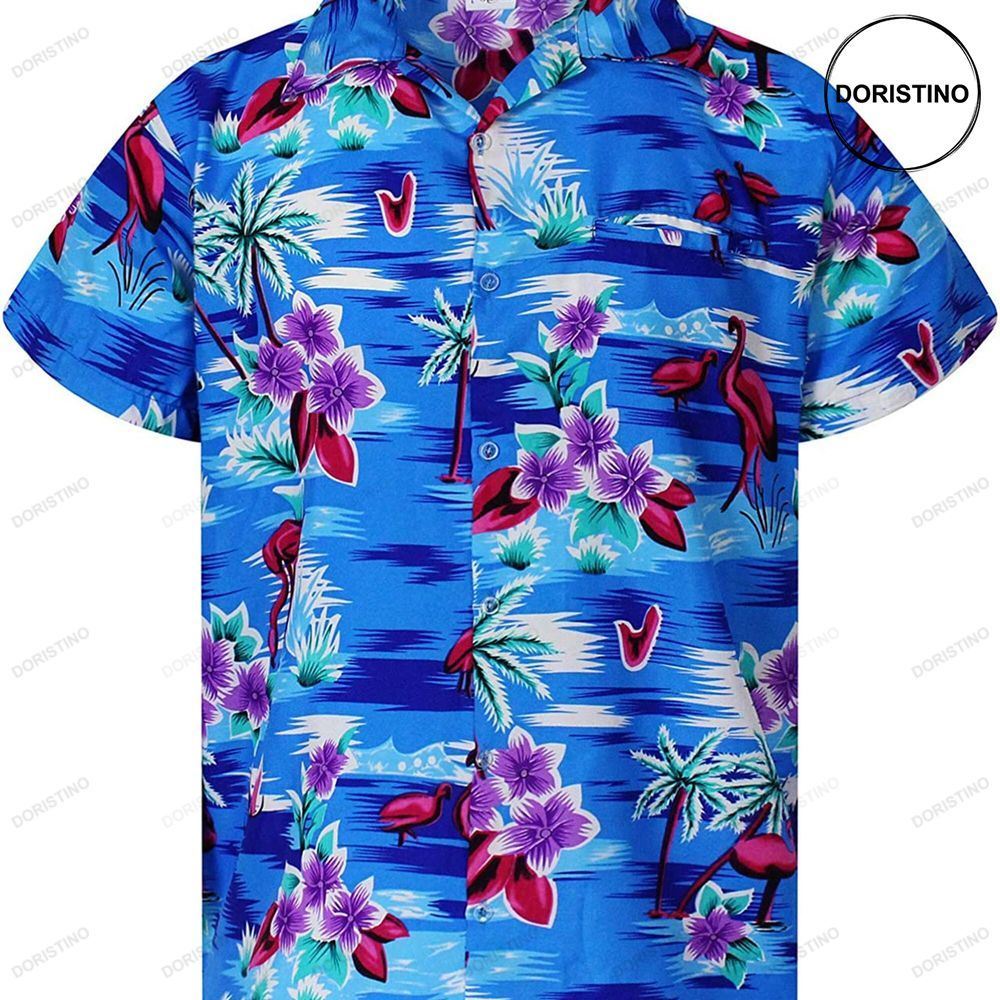 Blue Pink Flamingos Flowers Aloha Hawaiian Shirt