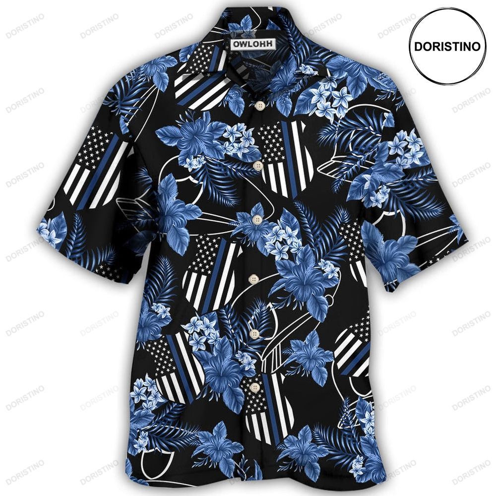 Police Blue Tropical Floral Hawaiian Shirt