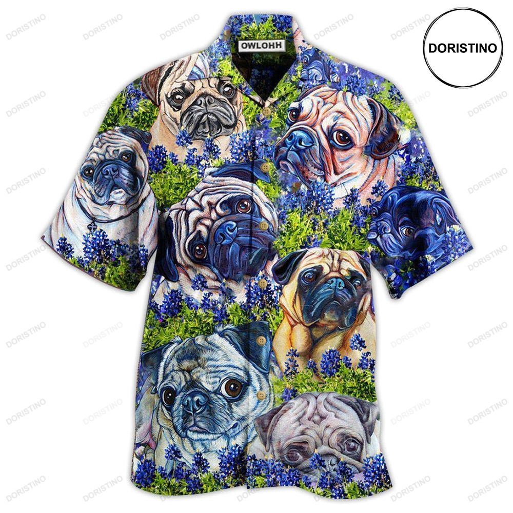 Pug And Beautiful Blue Bonnet Awesome Hawaiian Shirt