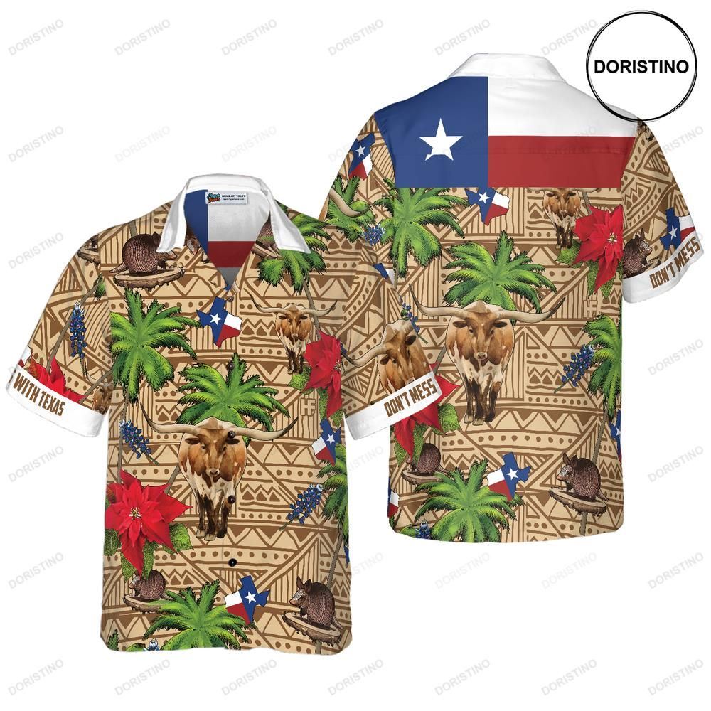 Brown Tribal Pattern Texas White Neck Version Don't Mess With Texas Armadillo And Lon Awesome Hawaiian Shirt