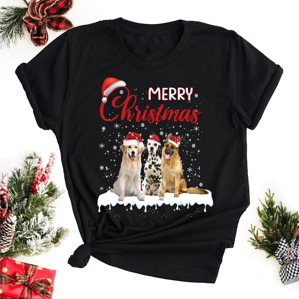 Merry Christmas Dogs Three Sitting Dogs With Santa Shirts