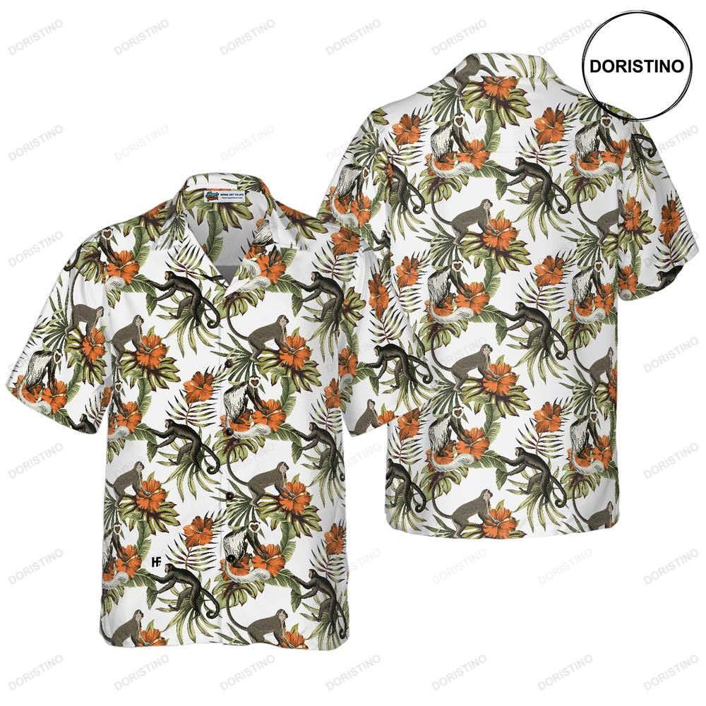 Tropical Red Hibiscus Flower Monkey For Men Awesome Hawaiian Shirt