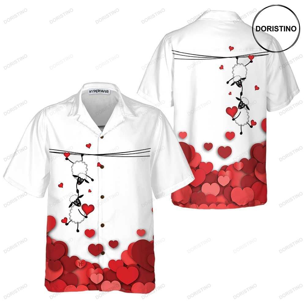 Valentine Sheep With Red Hearts Valentine Day For Couples Valentine Day Gift Id Hawaiian Shirt