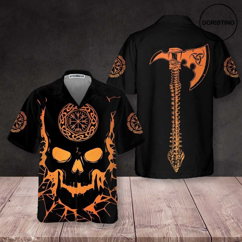 Viking Skull With Backbone Axe Cool Orange Pattern Black Skull Limited Edition Hawaiian Shirt