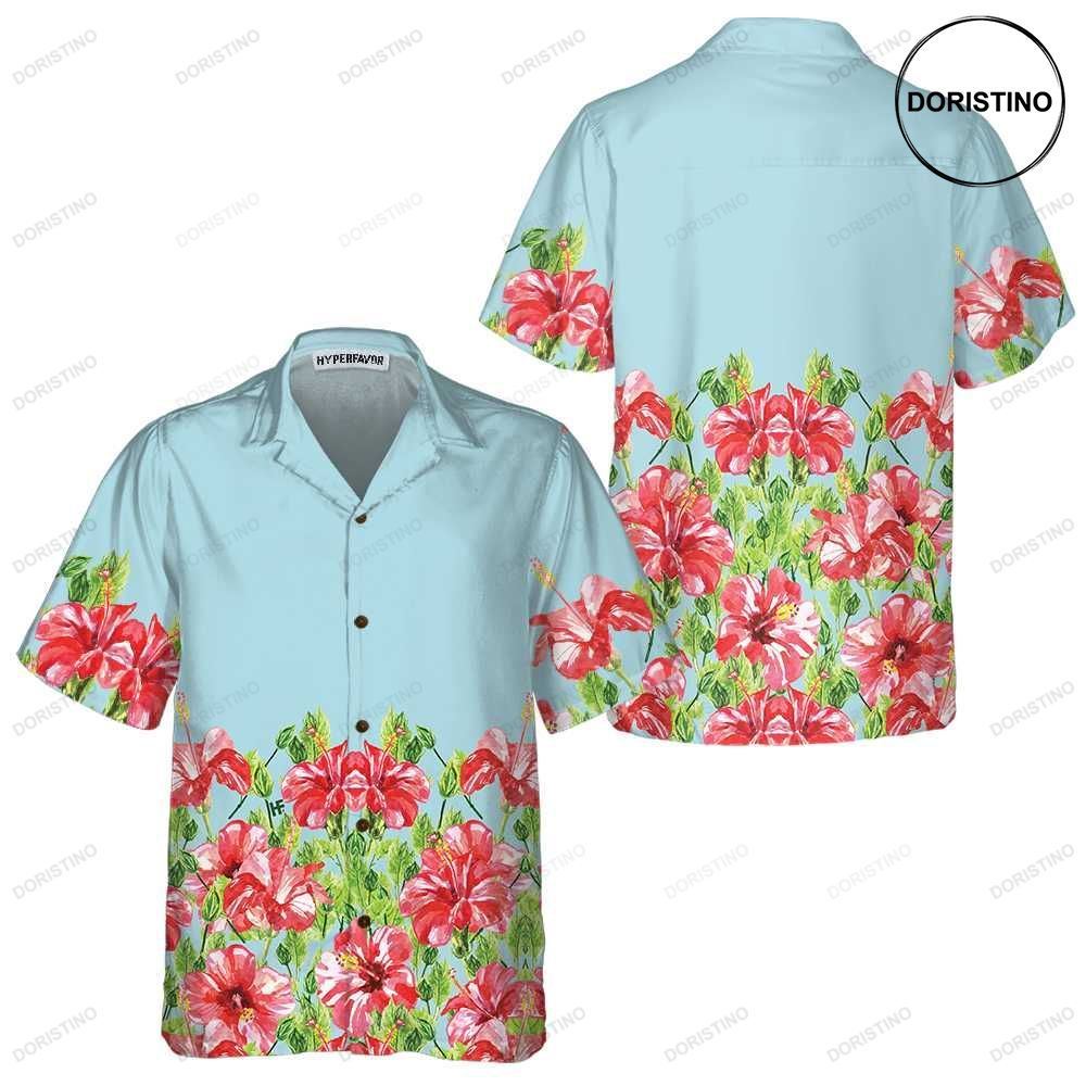 Watercolor Hibiscus Flower Short Sleeve Red Hibiscus Prin Awesome Hawaiian Shirt
