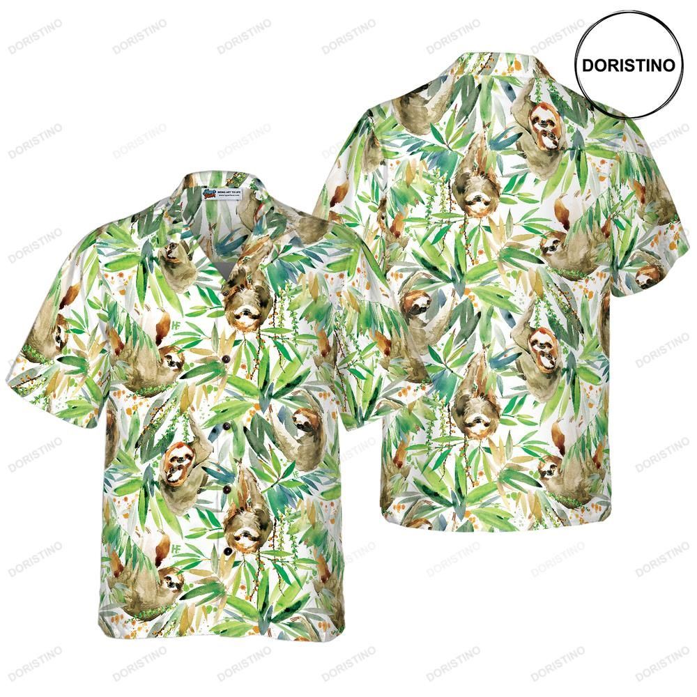 Watercolor Sloth And Tropical Plant Awesome Hawaiian Shirt