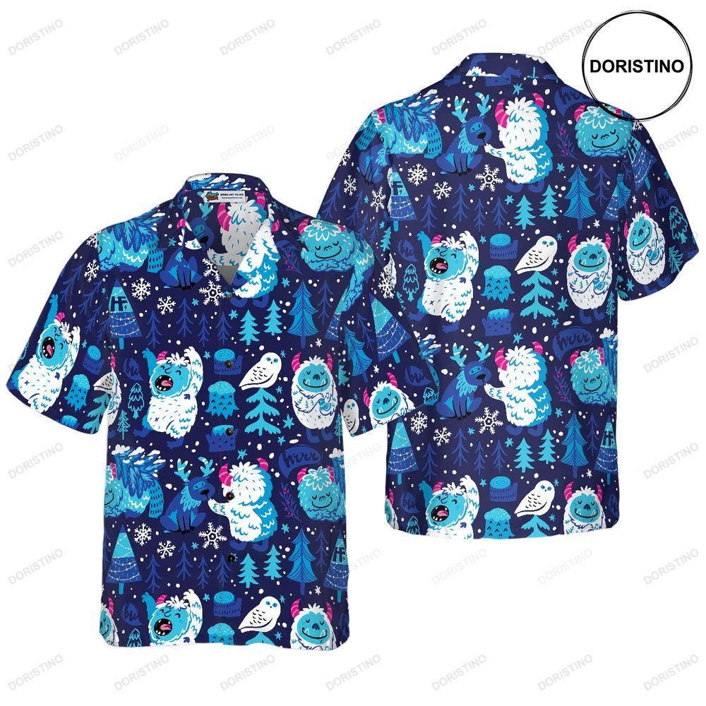 White Bigfoot Winter Forrest Bigfoot Snow Owl And Tree Bigfoo For Men Awesome Hawaiian Shirt