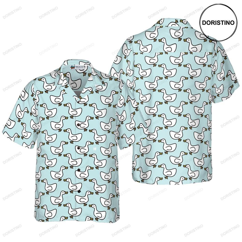 White Duck Cartoon In Blue Awesome Hawaiian Shirt