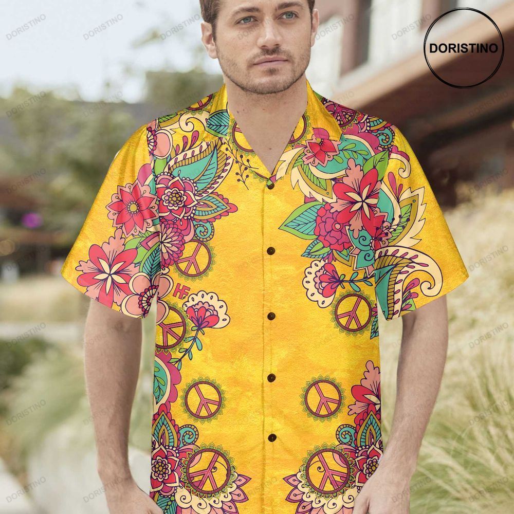 Yellow Hippie Peace Sign And Flowers Foral Hippie Peace Sign Best Hippie Gift Awesome Hawaiian Shirt