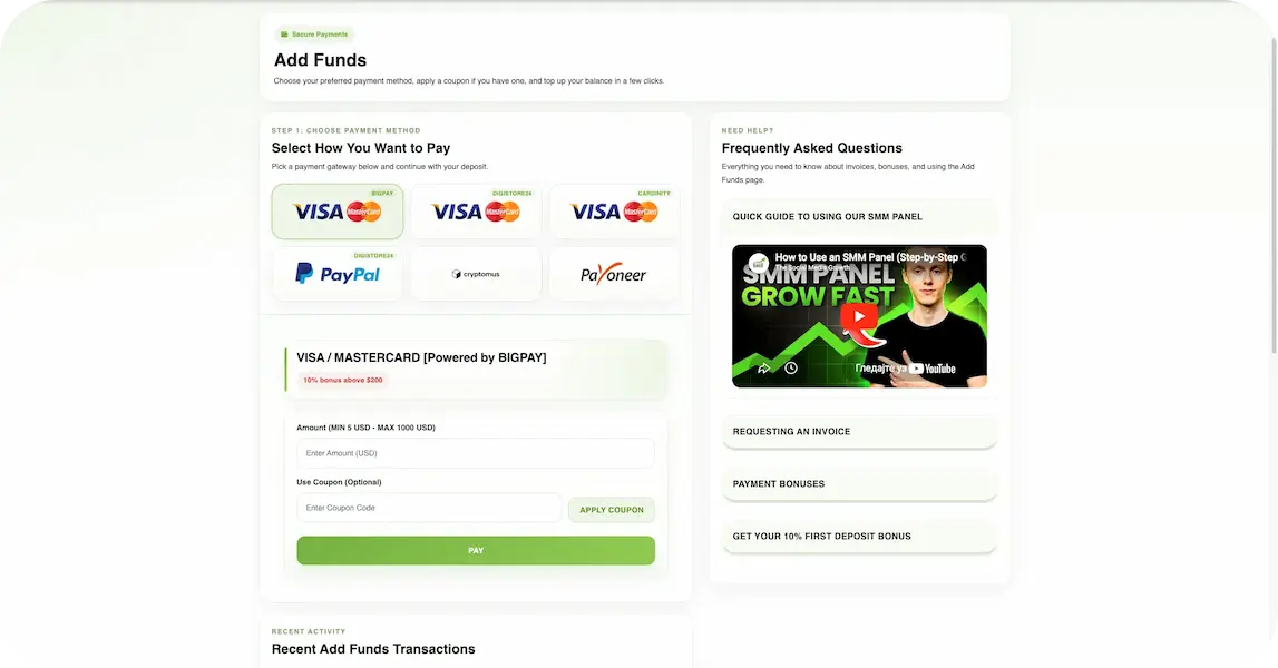 Add funds to your SMM panel account using secure payment methods like card, PayPal, crypto, Payoneer or bank transfer