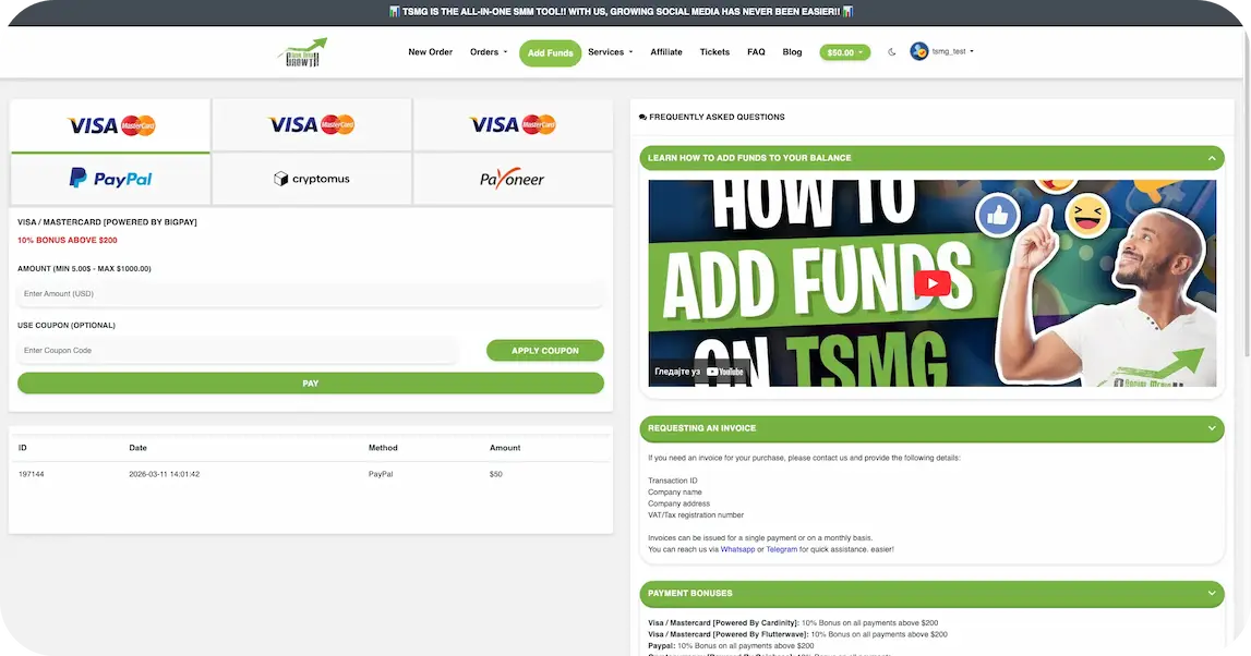 Add funds to your SMM panel account using secure payment methods like card, PayPal, crypto, Payoneer or bank transfer