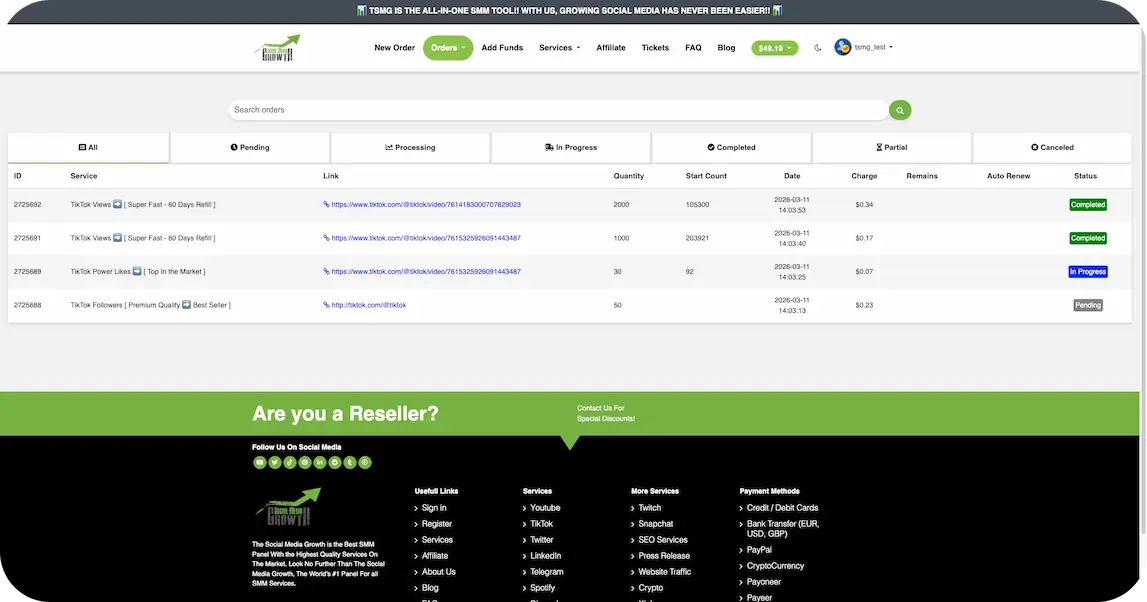 Track order results and monitor progress in the SMM panel order history dashboard