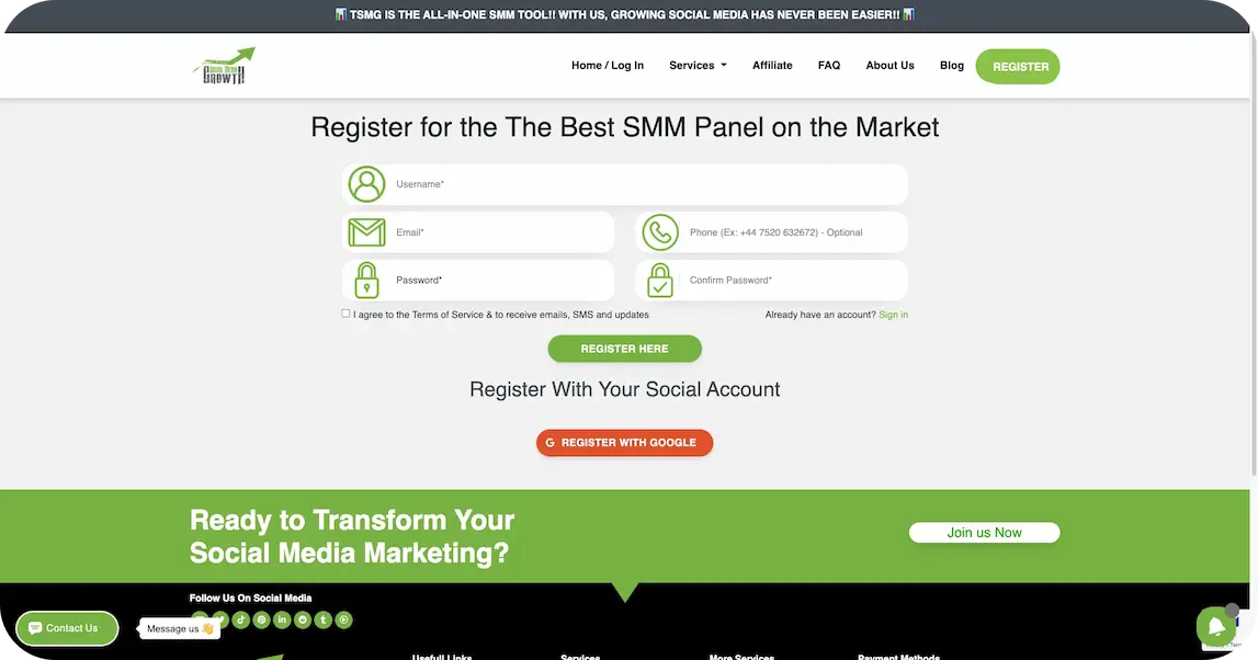 Register account and browse social media services on the SMM panel dashboard