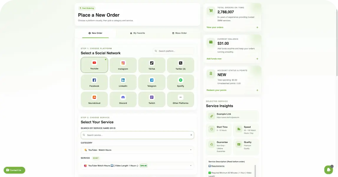 Create a new order on the SMM panel by selecting a service and submitting your social media link