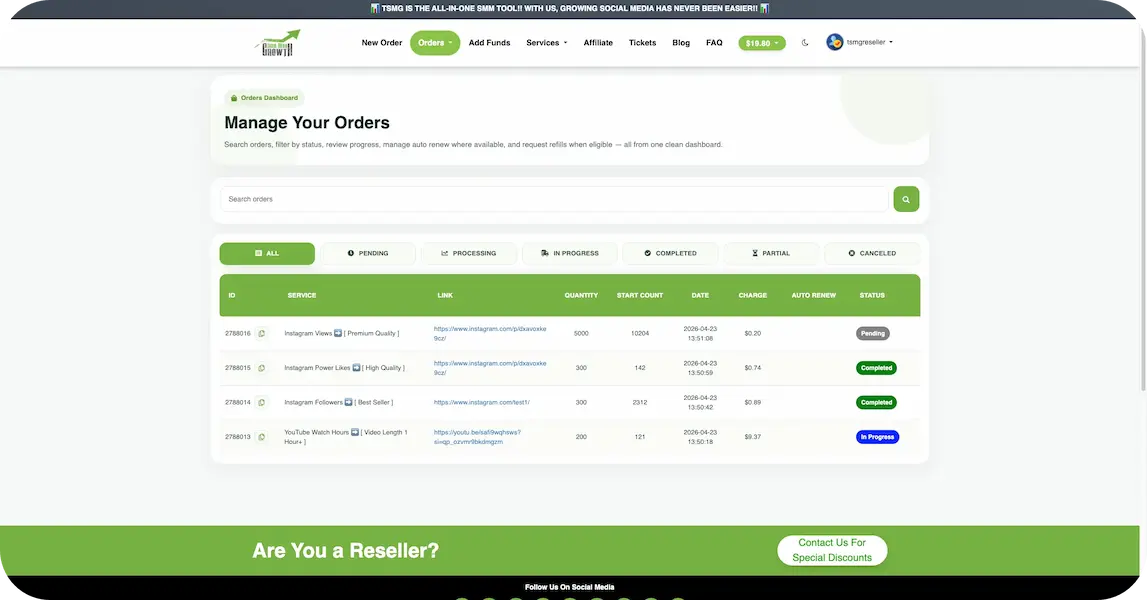 Track order results and monitor progress in the SMM panel order history dashboard