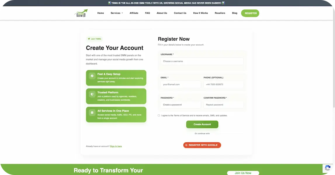 Register account and browse social media services on the SMM panel dashboard