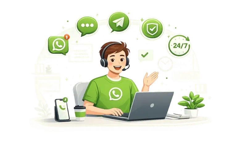 Customer support representative helping with WhatsApp, Telegram, email and ticket support