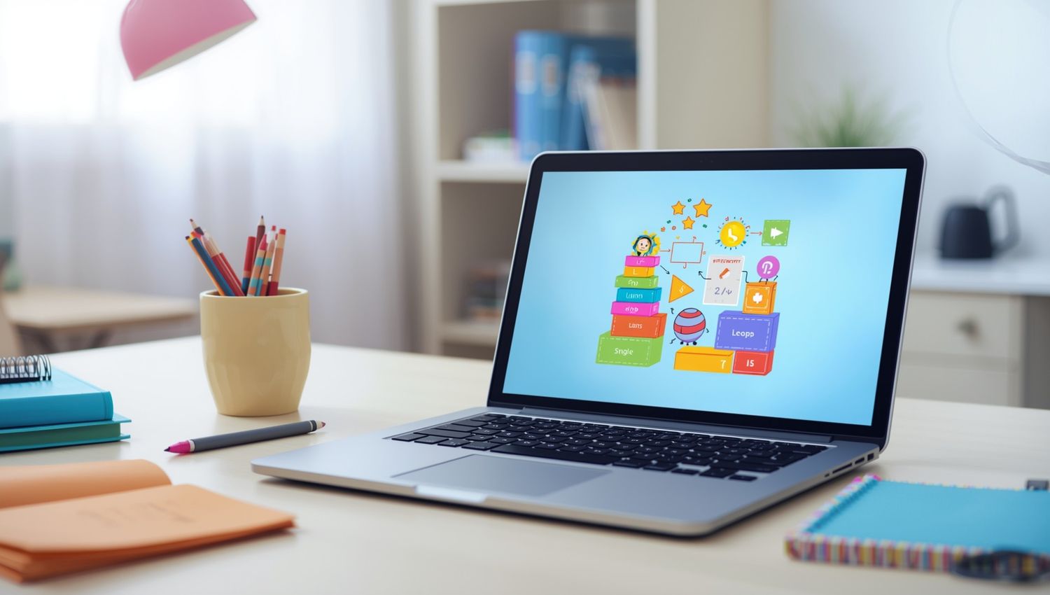 Block-based coding interface displayed on a laptop for beginner learning
