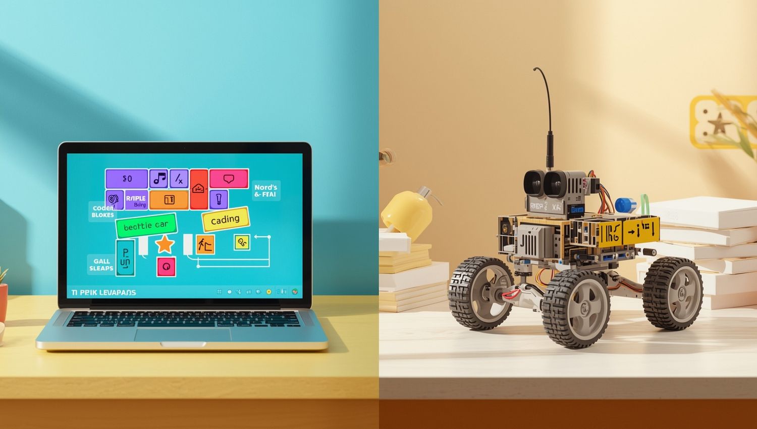 Block-based coding interface and beginner robotics kit shown side by side