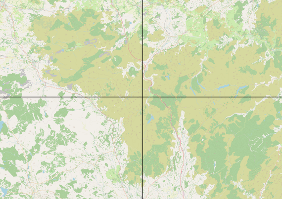Detailed map using OpenStreetmap data projected on EPSG:3034 the centre point for the UK at a point in a field in the Southern borders of Scotland and England
