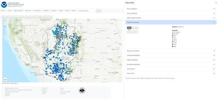screenshot / map - peak flow forecasts from the Colorado Basin River Forecast Center, Colorado River Basin