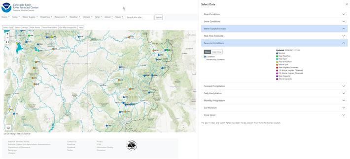 screenshot / map - reservoir conditions from the Colorado Basin River Forecast Center, Colorado River Basin zoomed to Colorado and part of Utah