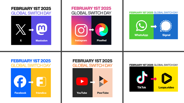 Griglia con sei pannelli promozionali per il “Global Switch Day” del primo febbraio 2025. Ognuno dei quali mostra un'alternativa alle piattaforme social:

X (ex Twitter) → Mastodon
Instagram → Pixelfed
WhatsApp → Signal
Facebook → Friendica
YouTube → PeerTube
TikTok → Loops.video

Ogni pannello usa i colori distintivi dei marchi e include i loghi delle piattaforme collegati da frecce, suggerendo una migrazione dalle piattaforme di social media tradizionali a quelle alternative.