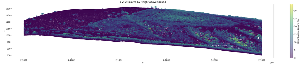 graphic - PyForestScan  - example - Y vs Z Coloured By Height Above Ground