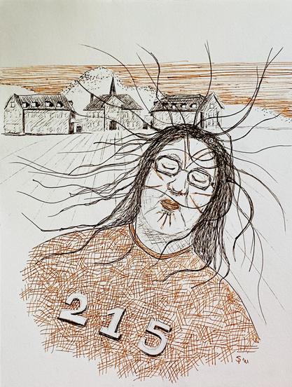 My drawing of a modern-day Sedna in front of the Kamloops residential school where the graves of 215 children were discovered. Sedna has a mournful expression and her hair is long and tangled.