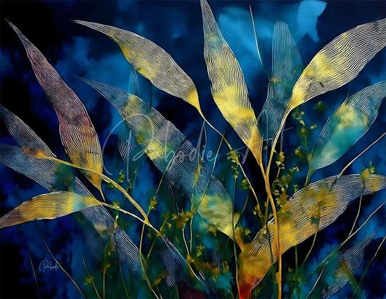 Moonlit bamboo leaves against a dark blue and black background. The leaves look as if they have fingerprints illuminated.