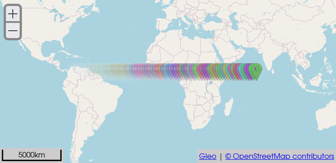 A web map interface, displaying a few dozen markers of increasing opacity.