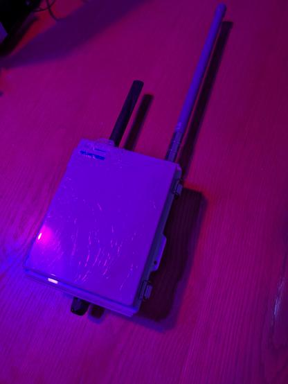 A weather proof box with two 915MHz antennas is lit in bisexual lighting.
