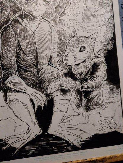 More inks on this drawing in progress of a Redwall-esque squirrel character wearing an explorer's leather jacket, tending to an alien friend's wounds in a darkened cave. The "hand" claws of the squirrel creature are now much more defined, with details of the bandage-tying process now much more visible. The "foot" claws are also much more realized, and the surrounding pencil lines have been erased away and cleaned up.