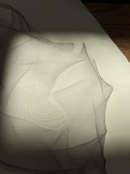 An abstract drawing produced by a robotic pen plotter following a generative algorithm. Graphite pencil on cream colored paper.