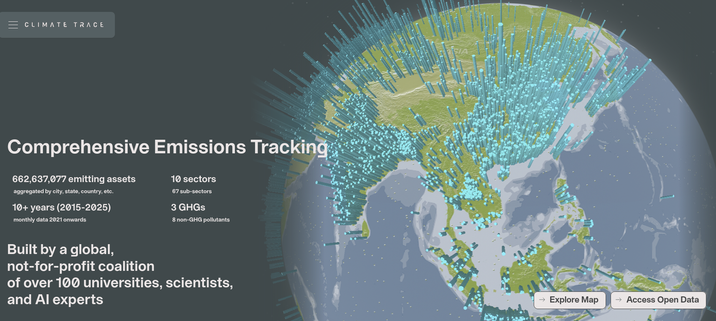 Screenshot website showing the earth with spikes on it - representing the amount of CO2 pollution of several sites.