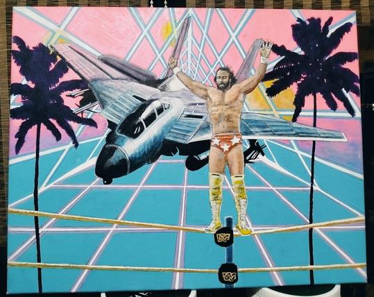 a painting of the macho man on the top turnbuckle with his arms raised up, about to deliver the elbow drop, he is inside of a triangular tunnel of tile-like neon , pin a the top, aqua at the bottom, purple palm trees on either side, three suns in the pink sky, the jet is silver and purple and blue with pink and some green