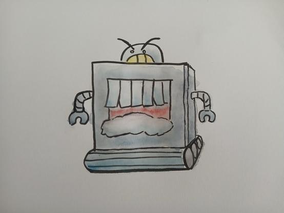 Giant washing machine robot with a round angry top head, tiny arms on the side, and a large trackmill on the bottom.