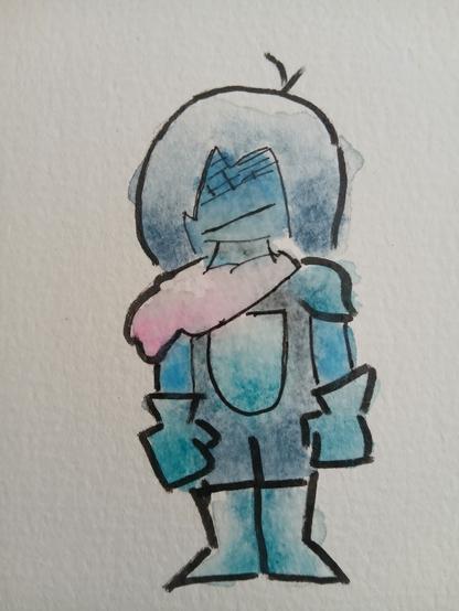 Kris from deltarune standing. They have dark blue hair, shirt, and pants. They have a shoulder armer on their left and a pink scarf on their ascot. Their skin is blue. And their armor is a shiny sea blue (didn't have grey paint left.)