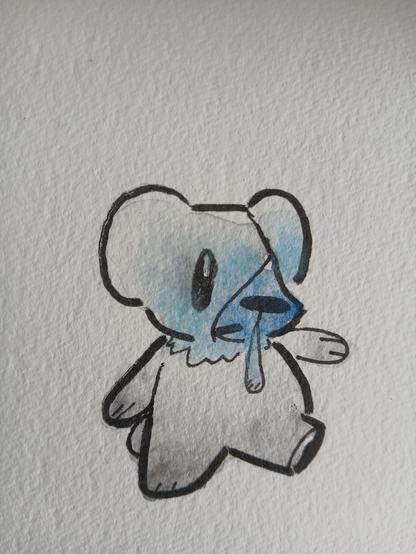 Picture of a bear-like pokemon called a "cubchoo" They have a piece of snot hanging from their nose, have a blue head, a dark blue snout, and a white body.