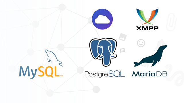 The Movim XMPP web client logo, the XMPP logo, the MySQL logo, the PostgreSQl logo and the MariaDB logo on a white background overlaid with small, grey icons.